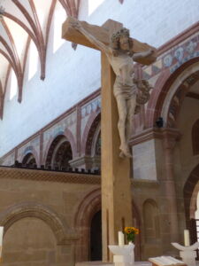 Crucifix carved from single piece of stone.