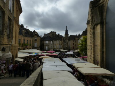 Old city square on market day.