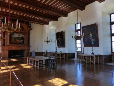 Great hall w/two walnut fireplace surrounds