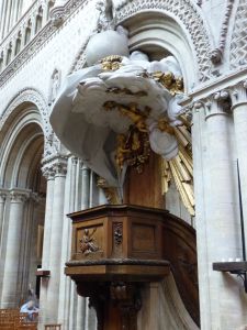 Elaborate canopy for pulpit.